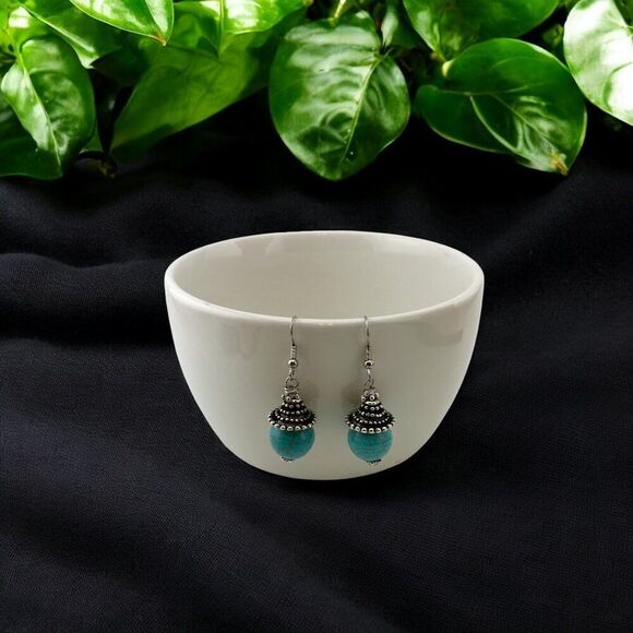 Turquoise Wagnerite Antique Silver Tone Earrings Surgical Steel Hooks - Picture 7 of 7